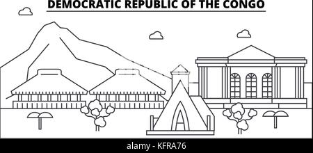 Democratic Republic Of The Congo architecture skyline buildings, silhouette, outline landscape, landmarks. Editable strokes. Urban skyline illustration. Flat design vector, line concept Stock Vector