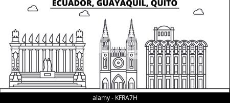 Ecuador, Guayaquil, Quito architecture skyline buildings, silhouette, outline landscape, landmarks. Editable strokes. Urban skyline illustration. Flat design vector, line concept Stock Vector