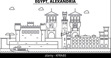 Egypt, Alexandria architecture skyline buildings, silhouette, outline landscape, landmarks. Editable strokes. Urban skyline illustration. Flat design vector, line concept Stock Vector