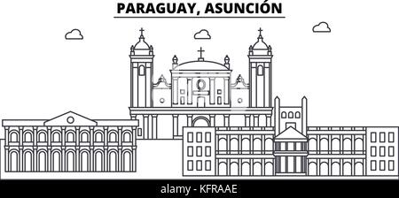 Paraguay, Asuncion architecture skyline buildings, silhouette, outline landscape, landmarks. Editable strokes. Urban skyline illustration. Flat design vector, line concept Stock Vector
