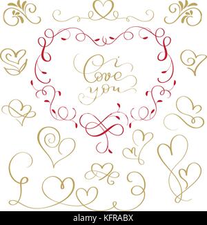 hand-written vector illustration flourish calligraphic inscription text I love you and a set of icons of hearts Stock Vector