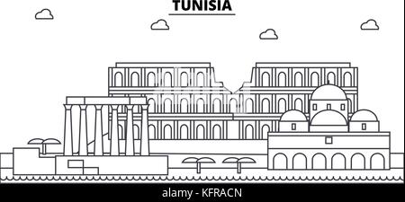 Tunisia architecture skyline buildings, silhouette, outline landscape, landmarks. Editable strokes. Urban skyline illustration. Flat design vector, line concept Stock Vector
