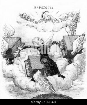 'Rhapsody' - Franz Liszt caricature.  Showing Liszt at piano, with Wagner above encouraging Saint Peter to let him into heaven. Published in Borsszem Janko, 8 August 1886.    FL:  Hungarian pianist and composer,  22 October 1811 - 31 July 1886. RW: German composer & author, 22 May 1813 - 13 February 1883.