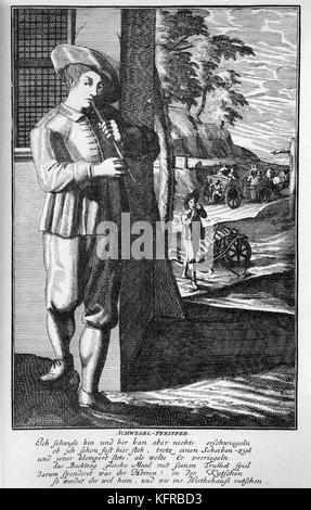 Man playing a fipple flute (German: Schwegel-Pfeiffer), 17th century.  Engraving by J C Weigel (1661-1726) from 'Musicalisches Theatrum'. Stock Photo