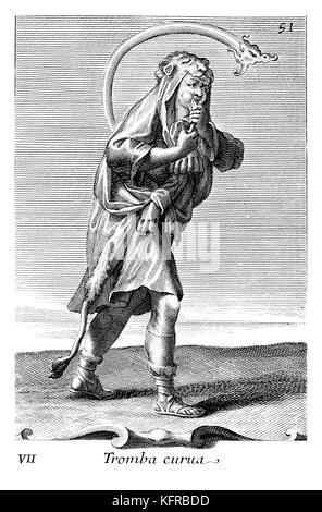 Man playing the Roman Cornu - G-shaped conical tube of bronze.  Illustration from Filippo Bonanni's  ' Gabinetto Armonico'  published in 1723, Illustration 7.  Engraving by Arnold van Westerhout.  Caption reads  Tromba Curua Stock Photo