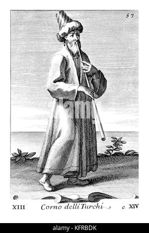 Man playing a Turkish Trumpet. Illustration from Filippo Bonanni's  'Gabinetto Armonico'  published in 1723, Illustration 13 and 14.  Engraving by Arnold van Westerhout.  Caption reads Corno delli Turchi. Stock Photo