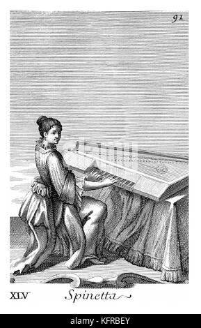 Woman playing the Spinet - small domestic harpsichord. Illustration from Filippo Bonanni's  'Gabinetto Armonico'  published in 1723, Illustration 45. Engraving by Arnold van Westerhout. Caption reads Spinetta. Stock Photo