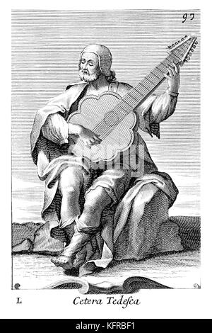 Man playing Bandora (or German Cittern) - bass instrument of the cittern type. Illustration from Filippo Bonanni's  'Gabinetto Armonico'  published in 1723, Illustration 50. Engraving by Arnold van Westerhout. Caption reads Cetera Tedesca Stock Photo