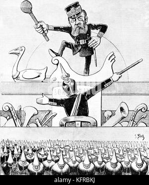 Lohengrin by Richard Wagner. Caricature from French satirical journal  'Le Pilori' 27 September 1891.  Caption reads:   Lozé Hengrin à l'Opera'. (pun) (Richard Wagner came to Paris in September 1891 for  firstnight of Lohengrin production and was attacked by French press)  German composer & author, 22 May 1813 - 13 February 1883.