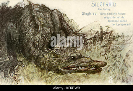Siegfried by Wagner - illustration. Richard Wagner, German composer & author: 22 May 1813 - 13 February 1883. Illustration of Fafner, the dragon. From Act II of the opera 'Siegfried', the third of the tetralogy 'Der Ring des Nibelungen' (The Ring of the Nibelung, The Nibelungenlied, The Ring Cycle). Caption reads: 'A dainty kisser/ you show me there/ laughing teeth/in a delicious maw!'  ('eine zierliche Fresse/ zeig'st du mir da:/ lachende Zähne/ im Leckermaul!') Stock Photo