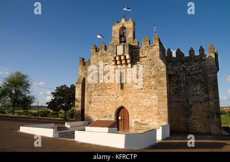 Facade of Boa-Nova Chapel or Sanctuary of Nossa Senhora da (Our Lady of) Boa-Nova. A rare case of a fortified church dating of fourteenth century. Ter Stock Photo