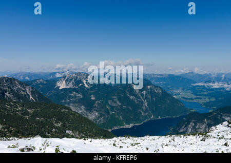 The view to the Dachstein mountain range with a glacial lake and clear blue sky Stock Photo