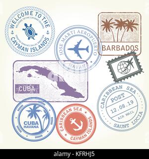Travel stamps set Caribbean Sea theme Stock Vector