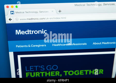 LONDON, UK - OCTOBER 21ST 2017: The homepage of the official website for Medtronic Public Limited Company, the medical device company, on 21st October Stock Photo