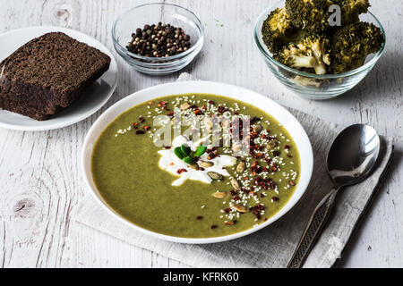 Broccoli cream soup. healthy eating, dieting, vegetarian kitchen and cooking concept. Stock Photo