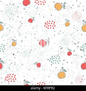 Cute Seamless Pattern with pears, apples and dotted background. hand Drawn Delicate Design. Scandinavian Style.Vector Illustration Stock Vector