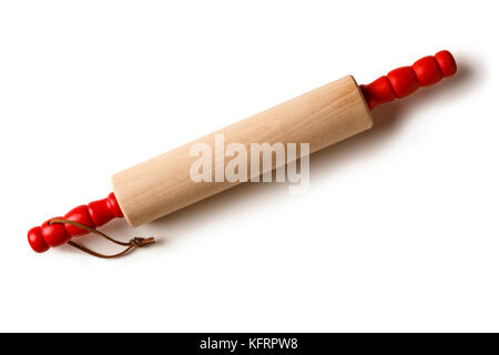 Classic wooden rolling pin with red handles home baking utensils isolated on white background Stock Photo