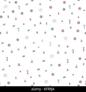 Geometric Seamless Pattern with tiny objects like triangles, polygons, arrows and balls on white. Modern Pastel Color Design. Repeating Pattern. Vecto Stock Vector