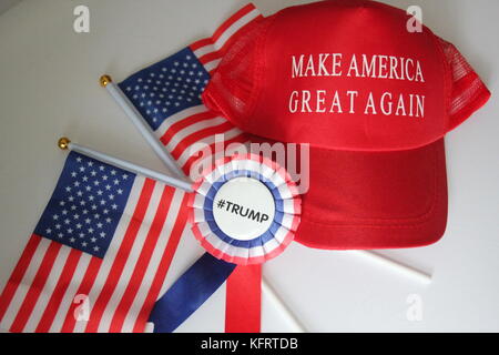 WASHINGTON, DC - APRIL 13, 2016: Donald Trump presidential campaign button hat cap 'make america great again' stock, photo, photograph, image, picture Stock Photo