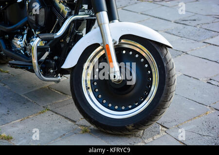 Close up fromt tire of motorcycle Stock Photo