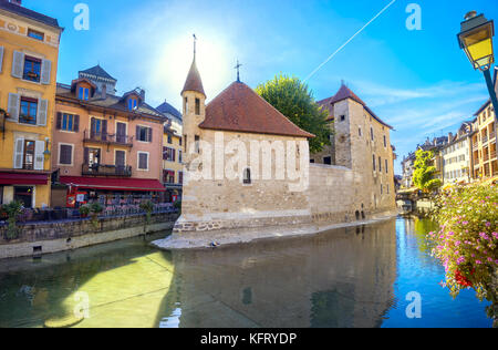 Cityscape with ancient prison (now museum) in Old Town of Annecy. France Stock Photo