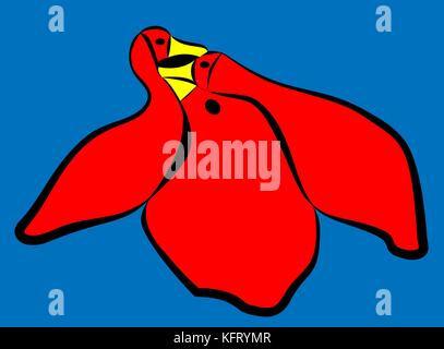 three abstract vector red birds on blue background illustration Stock Vector