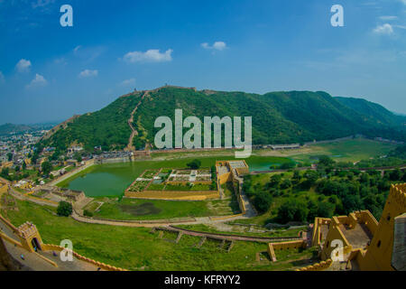 Aerial view of Amber Fort near Jaipur in Rajasthan, India. Amber Fort is the main tourist attraction in the Jaipur area, fish eye effect Stock Photo