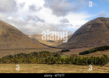 Glen Auch panorama with Beinn Dorain and Beinn a' Chaisteil and the railway viaduct in the middle and Beinn Mhanach in the background, Scotland. Stock Photo