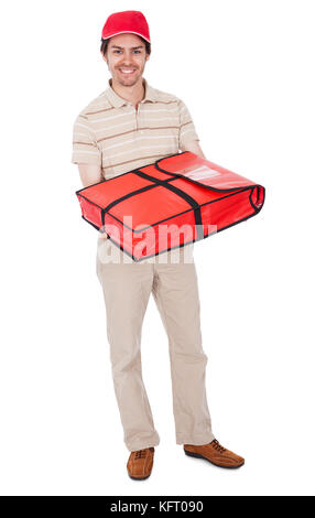 Pizza delivery boy with thermal bag. Isolated on white Stock Photo