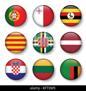 Set of world flags round badges ( Portugal . Malta . Uganda . Catalonia . Dominica . Latvia . Croatia . Lithuania . Zambia ) . Stock Vector