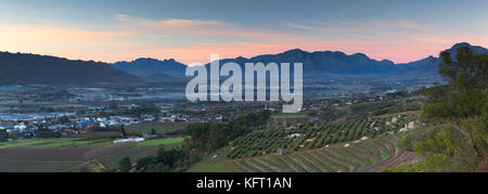 View of Paarl Valley at dawn, Paarl, Western Cape, South Africa Stock Photo