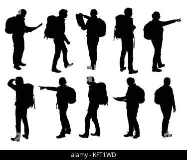 Set of vector realistic silhouettes of man and woman standing, walking and showing hand and map and backpack in different poses - isolated on white ba Stock Vector