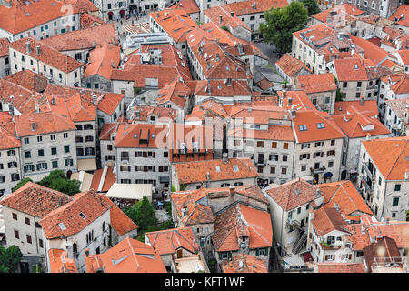 Looking down onto the rooftops of Kotor's old town in Montenegro. Stock Photo