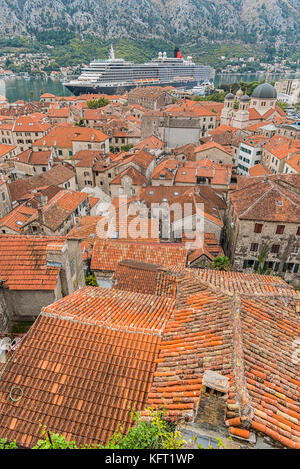 Looking down onto the rooftops of Kotor's old town in Montenegro. Stock Photo