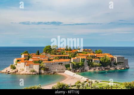 Sveti Stefan is a small islet holiday resort on the Adriatic coast of Montenegro Not far from Budva. Stock Photo