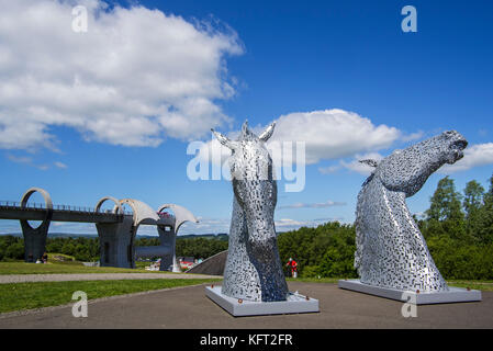The Kelpies, horse-head sculptures at the Falkirk Wheel, rotating boat lift in Stirlingshire, Scotland, UK Stock Photo