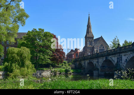 The United Reform Church and English Bridge over the River Severn in Shrewsbury. Stock Photo