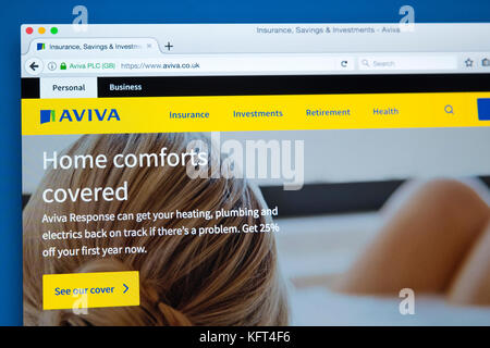 LONDON, UK - OCTOBER 17TH 2017: The homepage of the official website for AVIVA, the British multinational insurance company, on 17th October 2017. Stock Photo