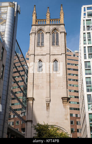 The tower of the church of St. Alban, located on Wood Street in the City of London, UK.  It is now surrounded by modern high-rise architecture. Stock Photo