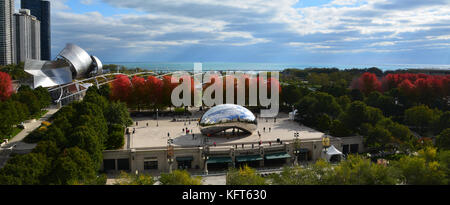 View of Cloud Gate, also known as 'The Bean', from an office building across the street during autumn at Chicago's Millennium Park. Stock Photo