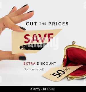 Black Friday banner. Female hand holding a cut price tag with opened vintage wallet below – cut piece below. Isolated on white background. Stock Photo