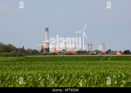 Drax Coal Fired Power Station and a renewable energy wind turbine Stock Photo