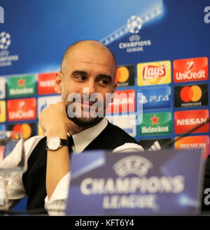 Naples, Italy. 31st Oct, 2017. This evening at the Vesuvius hotel in Naples there was the press conference of Manchester City coach, Josep Guardiola and player David Silva who responded to journalists' doubts over the league's Champions League tomorrow against Napoli. in foto Guardiola Credit: Fabio Sasso/Pacific Press/Alamy Live News Stock Photo