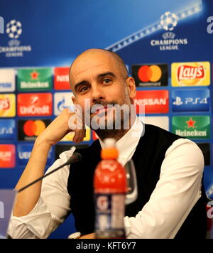 Naples, Italy. 31st Oct, 2017. This evening at the Vesuvius hotel in Naples there was the press conference of Manchester City coach, Josep Guardiola and player David Silva who responded to journalists' doubts over the league's Champions League tomorrow against Napoli. in foto Guardiola Credit: Fabio Sasso/Pacific Press/Alamy Live News Stock Photo