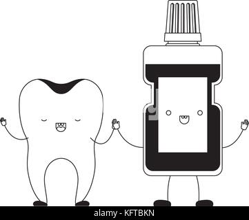 tooth and mouthwash in cartoon holding hands in blue silhouette Stock ...