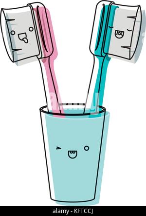 glass with male and female toothbrush kawaii in colored crayon ...