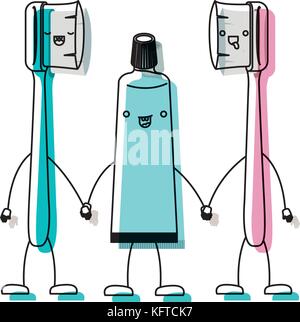 cartoon couple toothbrushes and toothpaste in watercolor silhouette Stock Vector