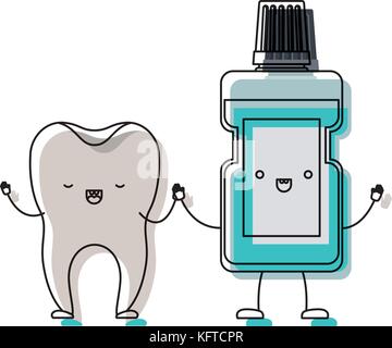 tooth and mouthwash in cartoon holding hands in blue silhouette Stock ...