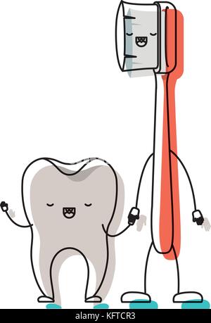tooth and toothbrush in cartoon holding hands in black dotted ...