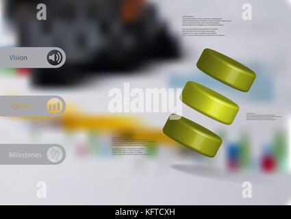 3D illustration infographic template with motif of three green cylinders askew arranged with simple sign and sample text on side in bars. Blurred phot Stock Vector